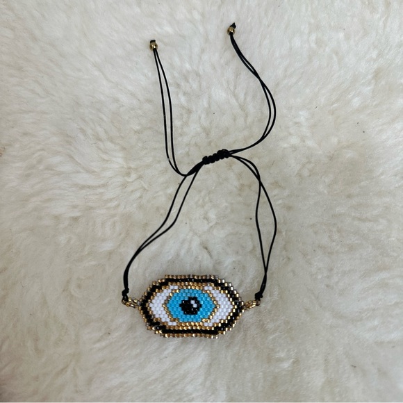 Black Gold Tone Metal Reversible Post Earrings & Evil Eye Adjustable Bracelet - Picture 11 of 11